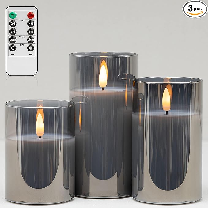 ANGELLOONG Grey Fake Candles Battery Operated, Flickering Flameless Candles with Timer and Remote, Glass LED Electric Pillar Candles Set of 3 for Home Coffee Table Bathroom Decor