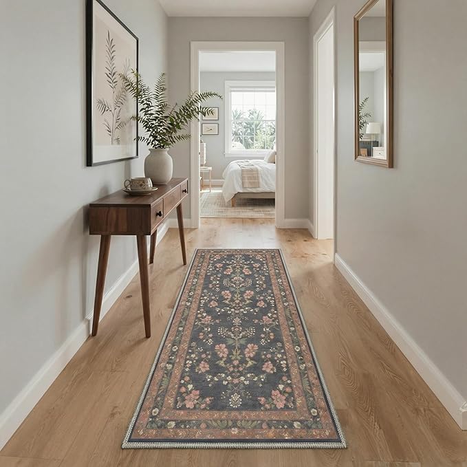GENIMO Runner Rug 2x5 Non Slip Machine Washable Vintage Hallway Runner Rug, Low Pile Lightweight Rugs for Entryway, Hallway, Kitchen and Corridor, Dusty Charcoal
