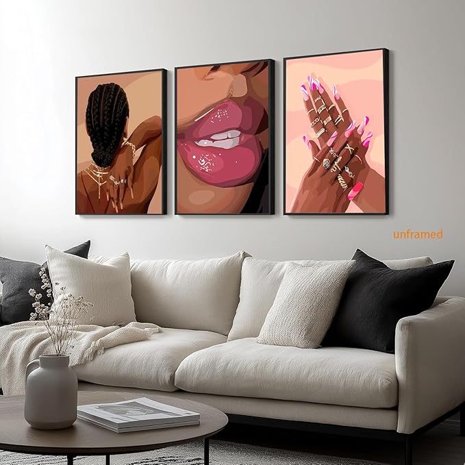 Black Girl Pink Wall Art Set of 3 African American Black Women Canvas Posters Fashion Black Girl Wall Decor Pictures Prints for Home Living Room Bedroom Bathroom Decoration 12x16 Inch Unframed