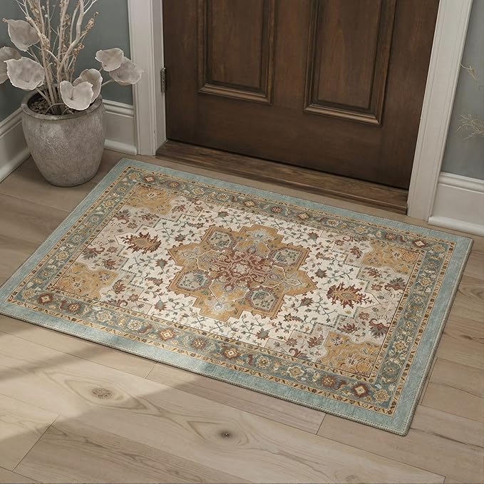 GENIMO Area Rug 2x3 Doormat, Machine Washable Low Pile Rugs, Small Retro Chenille Entryway Mat for Entrance, Hallway, Kitchen and Corridor, Warm Taupe Medallion