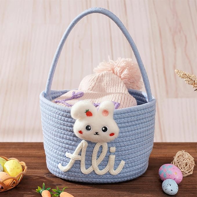 JUPPE Custom Easter Basket, Personzlized Bunny Basket with Kids Name, Cotton Rope Storage Organizer Nursery Decor Easter Eggs Gift (Bunny Basket)