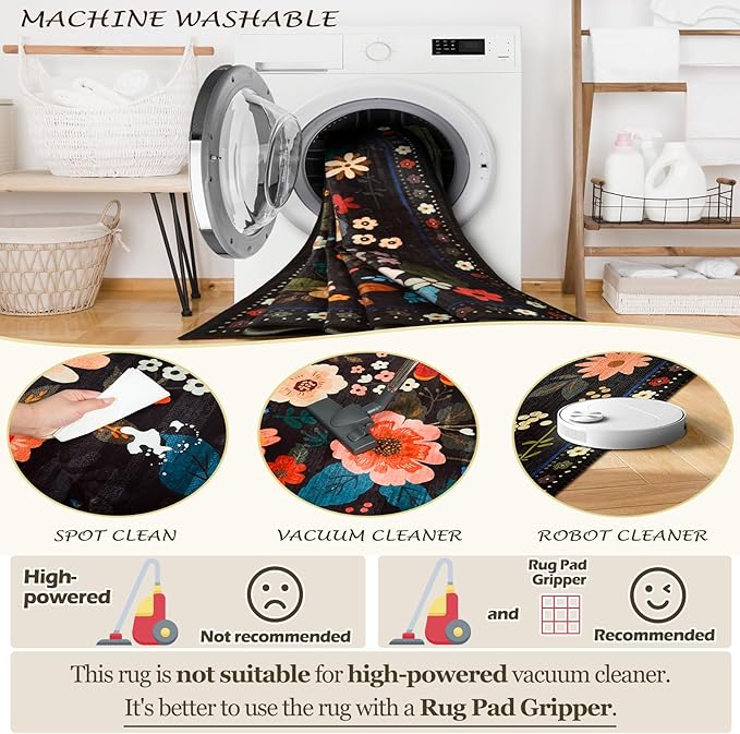 RELEANY Floral Nursery Square 4ft Area Rugs Washable Print Boho Cute Carpet Non Slip Flower Low Pile for Living Room Kids Girls Playroom Bedroom Kitchen Office Farmhouse-Black