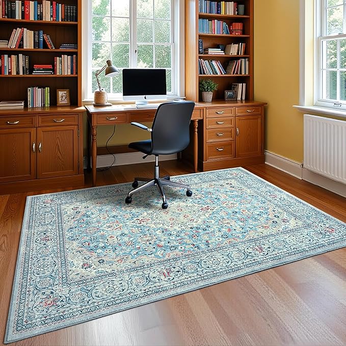 Goideal Washable Rug 3x5, Blue Area Rugs Non Slip, Indoor Low Pile Carpet with Rubber Backing for Living Room Kitchen Bathroom Entryway Office Bedroom