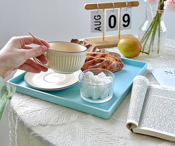Blue Square Plastic Tray - 11 Inch Organizer Tray for Bathroom Vanity, Dresser, Coffee Table, Nightstand | Decorative Catch-All Tray for Makeup, Jewelry, Remote Controls & Essentials