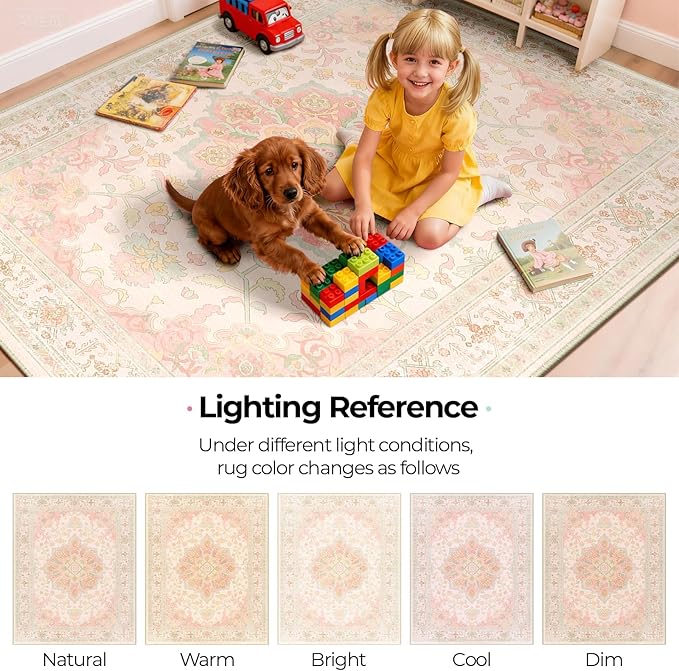 CAPALOCA Machine Washable Rugs Nursery Rug 3x5 Cute Girl Non Slip Low Pile Water Repellent Soft Print Pattern for Bedroom Indoor Decor Kids Playroom Pink Green