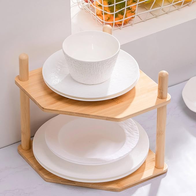 2-Tier Expandable Bamboo Corner Shelf - Dish/Plate Organizer for Cabinet, Kitchen Counter Shelf & Small Kitchen Shelf, Adjustable (1, Natural, 6.7" H)
