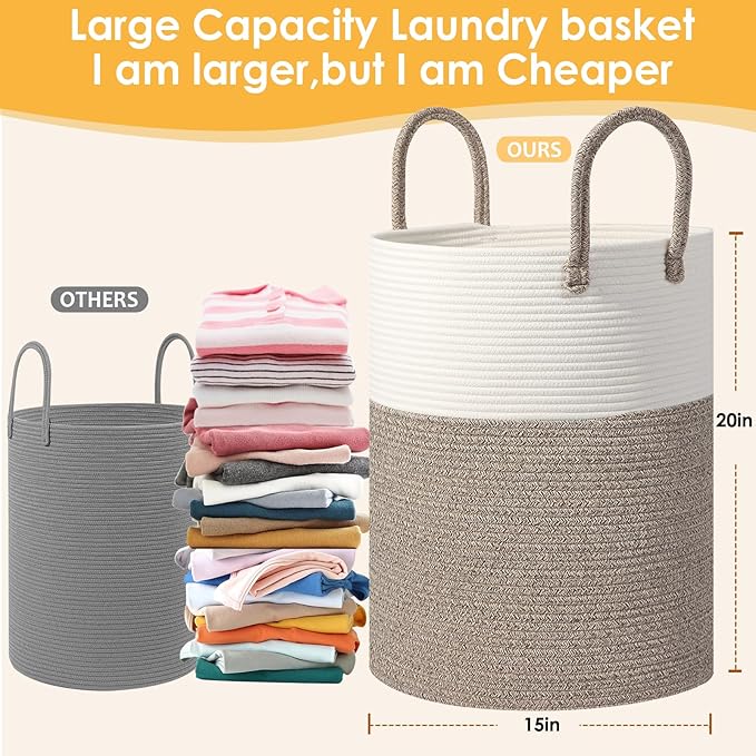 Large Woven Laundry Basket Hamper, 60L Cotton Rope Storage Basket for Blankets in Living Room, Decorative Tall Nursery Hamper for Clothes and Toys, White and Brown