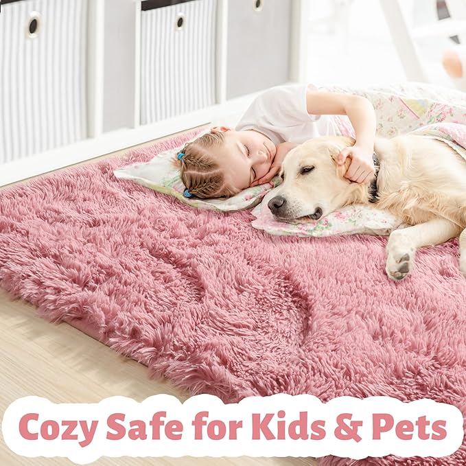 Amdrebio Blush Pink Area Rugs for Girls Bedroom, Furry Fluffy Cute Small Rug 3x5 for Kids Room Playroom, Fuzzy Shaggy Fur Plush Carpet for Nursery Dorm Classroom, Shag Kawaii Dusty Rose Mauve Rugs