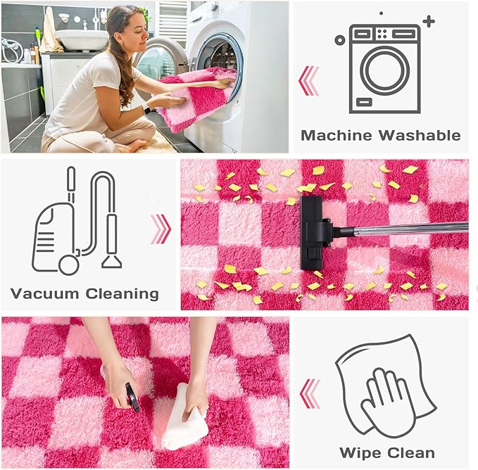 Checkered 8x10 Area Rugs for Living Room, Ultra Soft Fluffy Large Shaggy Rug Carpet for Bedroom, Non-Slip Fuzzy Plush Rugs for Nursery Boys Girls Kids Room Modern Indoor Home Decor, Pink and Hot Pink