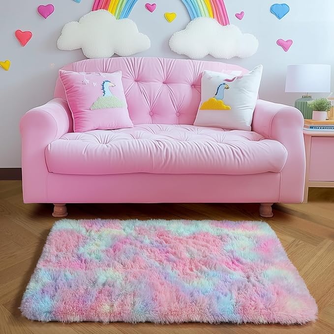 Amdrebio Rainbow 2x3 Small Area Rugs for Girls Bedroom Kids Room Decor, Pastel Colorful Rug for Playroom Preppy Dorm, Cute Unicorn Shaggy Rug for Baby Princess, Kawaii Fluffy Plush Carpet for Nursery