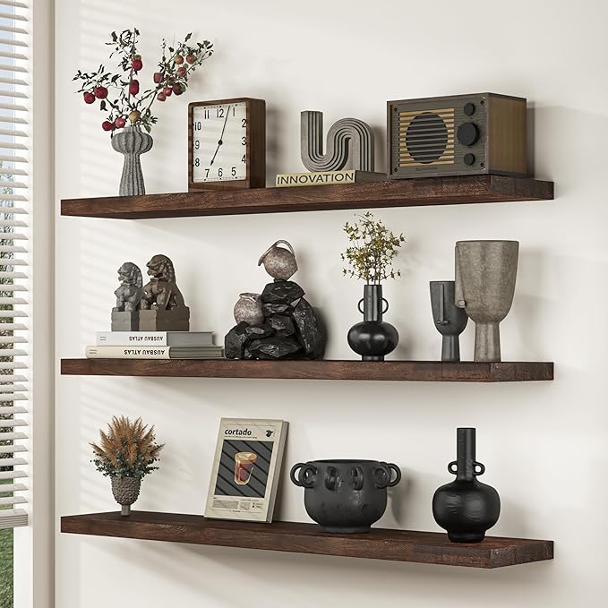 Fun Memories Floating Shelves for Wall, 24"x9.3" Rustic Solid Elm Wood Shelves, Heavy-Duty Wall Mounted Shelves with Invisible Brackets, Set of 2 for Living Room, Bedroom, Kitchen, Walnut Finish