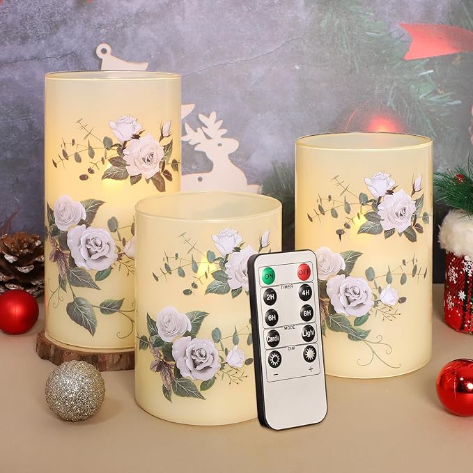 Flameless Candles with Remote & Timer, Love Theme Battery Operated Flickering Glass Rose LED Candles, Bedroom Home Christmas Valentine's Day Decor Table Ornament, Set of 3