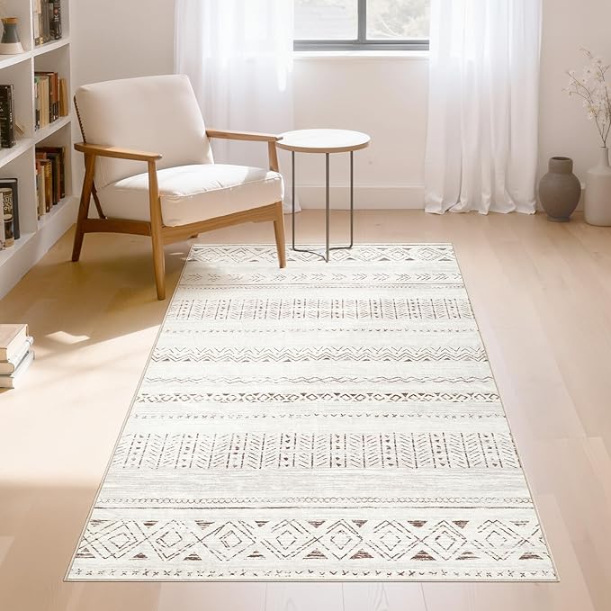 cotiled 3x5 Area Rug Living Room: Washable Boho Rugs with Non Slip Backing Small Soft Indoor Stain Resistant Carpet for Bedroom Farmhouse Dining Room Lightweight Home Decor L Brown/Cream