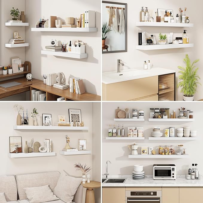 fuqing Floating Shelves for Wall, Wall Mounted Wood Floating Shelf with Invisible Brackets for Living Room, Bathroom, Bedroom, Kitchen Storage and Decor, 20 Inch Set of 2, White