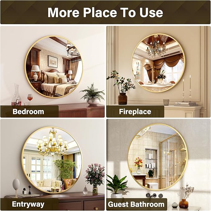 XRAMFY 30 Inch Round Mirror - Circle Mirrors for Bathroom, Entryway and Living Room Wall Decor, Modern Hanging Vanity Mirror, Matte Gold Circle Decorative Wall Mirror