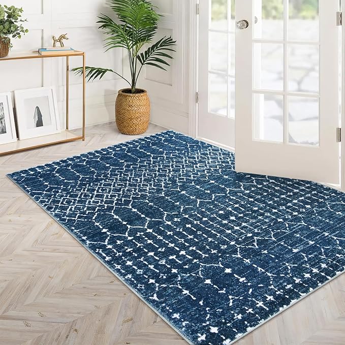 Lahome Moroccan Blue 3x5 Non-Slip Washable Soft Rug for Bedroom Floor Throw, Geometric Print Distressed Indoor Modern Rug for Entryway, Dining Room, Bathroom Hana