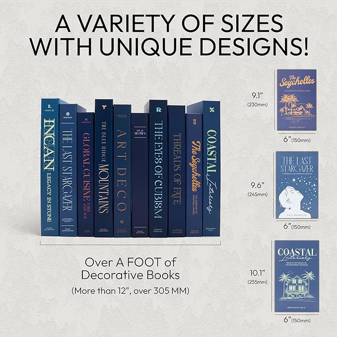 Decorative Books | Blue 10 Book Set with 3 Sizes | Preassembled with Hidden Storage | Perfectly Stackable for Easy Home Staging | Book Decor to Elevate Your Space | Home Decor Made Simple!