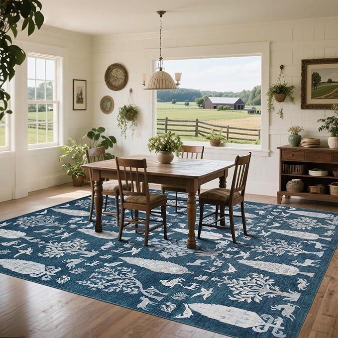 Srugn Washable Rugs 8x10 Area Rugs for Living Room,Bedroom,Dining Room- Large Ultra Soft Faux Wool Retro Carpet,Non Slip&Non-Shedding Low Pile Vintage Print Rug for Home Office Dorm Playroom-Blue