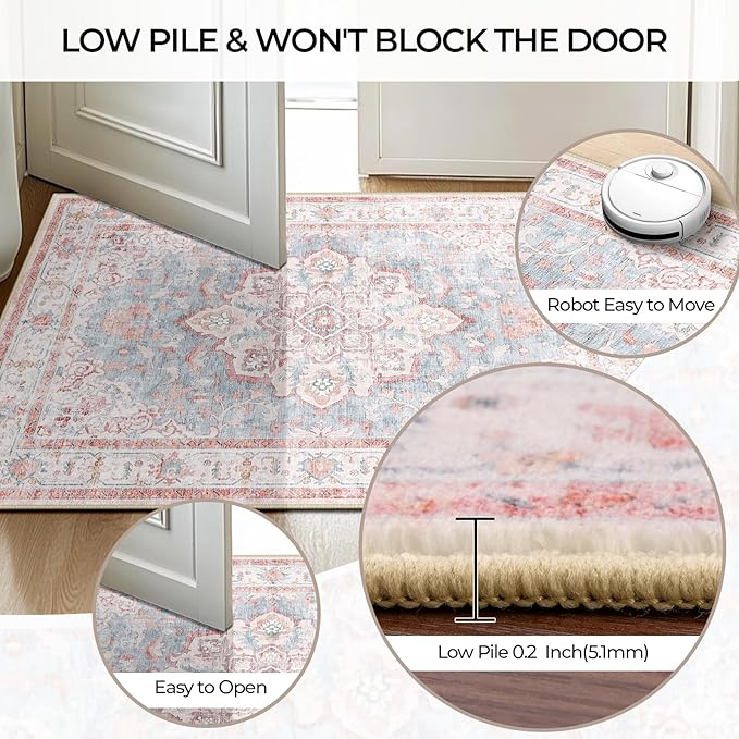 CAPALOCA Machine Washable Rugs Nursery Rug 2x6 Cute Girl Non Slip Low Pile Water Repellent Soft Print Pattern for Bedroom Indoor Decor Kids Playroom Pink Blue