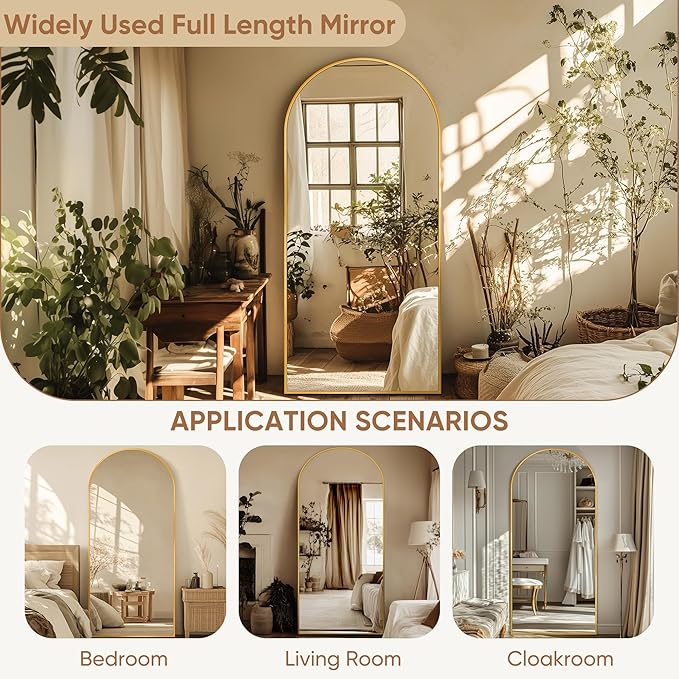 69"x28" Full Length Mirror, Arched Full Body Mirror, Standing Hanging or Leaning Floor Mirror for Bedroom and Living Room, Gold