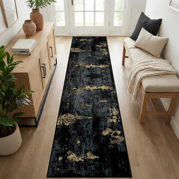 RELEANY Washable Area Rugs 2'6"x10 Non-Slip Modern Abstract Soft for Living Room Entryway Bedroom Nursery, Print Pattern, Dark Black Gold