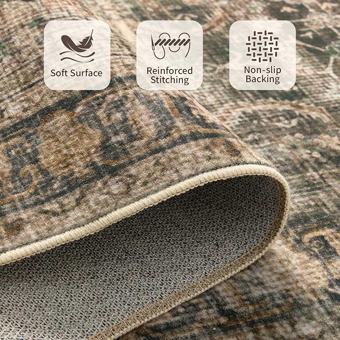 Rugxara Brown 5x7 Area Rugs for Living Room Bedroom, Large Washable Rug, Vintage Retro Boho Rug, Non Slip & Low Pile Faux Wool Thin Carpet for Indoor Dining Room and Kids Room(Charcoal/Olive 5x7ft)