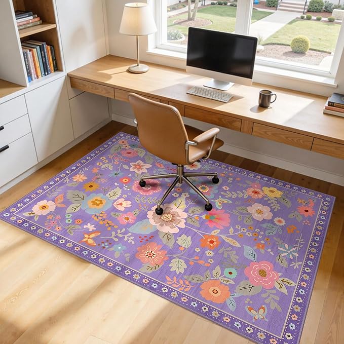 RELEANY Floral Nursery 5x8 Area Rugs Washable Print Boho Cute Carpet Non Slip Flower Low Pile for Living Room Kids Girls Playroom Bedroom Kitchen Office Farmhouse-Purple/Pink/Multi