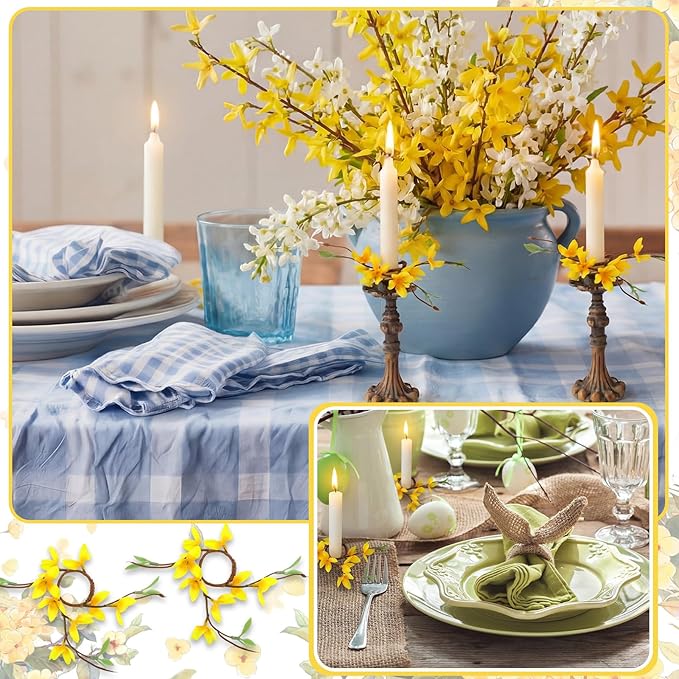 Daifunli 2 Pcs Spring Candle Rings Faux Forsythia Flower Candle Rings 1.25 Inch Artificial Silk Yellow Forsythia Flower Farmhouse Wreath Candles Holder for Spring Summer Rustic Table Centerpiece Decor