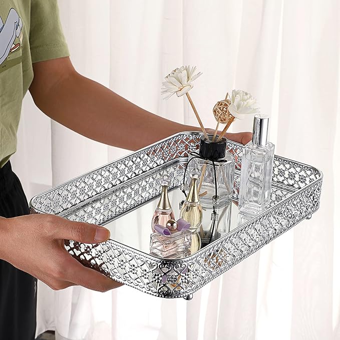 ELLDOO Perfume Mirror Tray Vanity Makeup Hollow-Carved Jewelry Organizer Glass Metal Trinket Storage Tray Home Decor Organizer for Dresser Bathroom Countertop,Silver,Medium Size