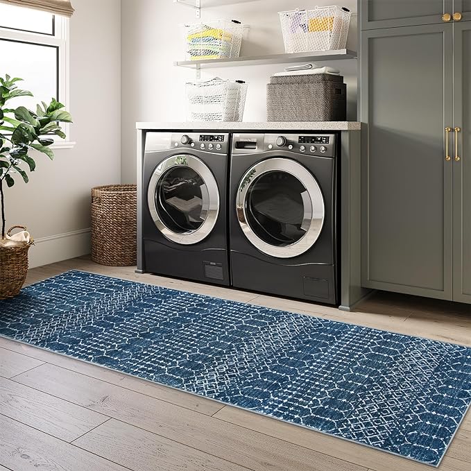 Lahome Moroccan Washable Kitchen Runner 2x8 Carpet Runners for Hallway 8Ft Low-Profile Non-Slip, Indoor Geometric Print Distressed Rug for Entryway Laundry Room Foyer Hana, Blue