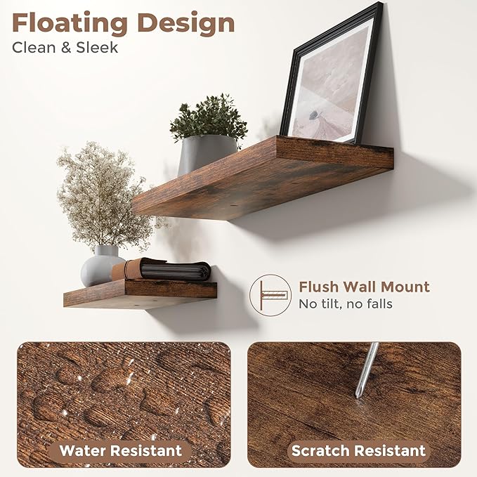 8 Inch Floating Shelves for Wall with Invisible Brackets Set of 3, 8"D Engineered Wood Wall Shelves with Wood Grain for Living Room, Bedroom, Bathroom, Kitchen Decor and Storage, Rustic Brown