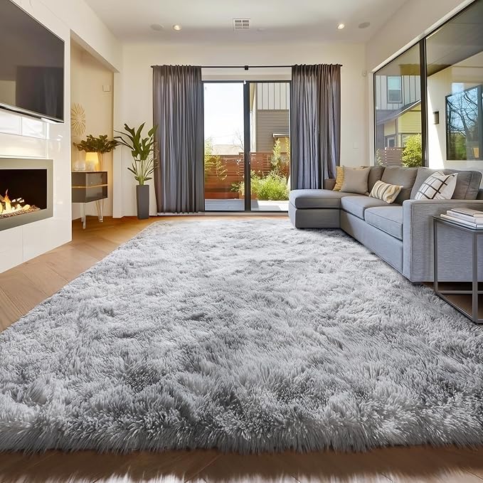 Amdrebio Tie-Dyed Light Grey Large Living Room Rugs 6x9, Furry Shag Area Rug for Bedroom, Big Soft Fluffy Rug for Kids Room Decor, Modern Fuzzy Shaggy Carpet, Plush Floor Rug for Classroom