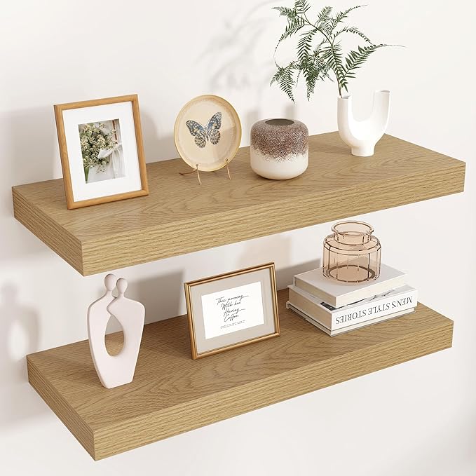 Venusmiles Floating Shelves for Wall, Engineered Wood Wall Shelves with Invisible Brackets for Living Room Bedroom Bathroom Office Kitchen Decor and Storage (Oak, 24" W x 9" D x 1.5" H) Set of 2