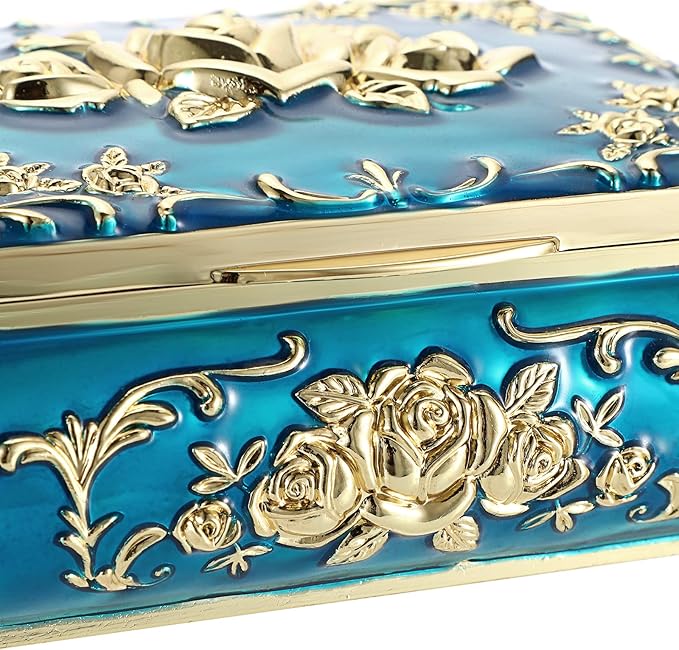 Hipiwe Metal Decorative Jewelry Box Vintage Treasure Chest Case Ornate Trinket Organizer Earrings Necklace Bracelet Storage Box Ring Holder Keepsake Box for Women