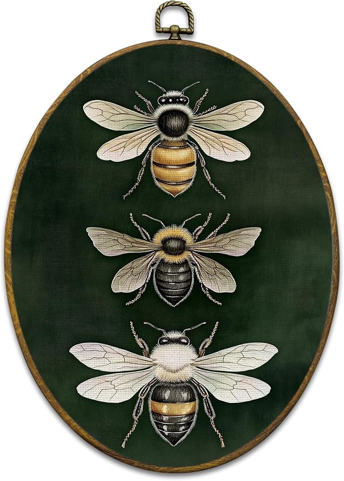 Mcehtle Vintage Bee Sage Green Wall Art Decor, Moody Honey Bee Cottagecore Oval Framed Canvas Prints 8.6x11.4, Dark Academia Insect Wall Hanging Artwork Decoration for Gallery Home Bedroom Living Room