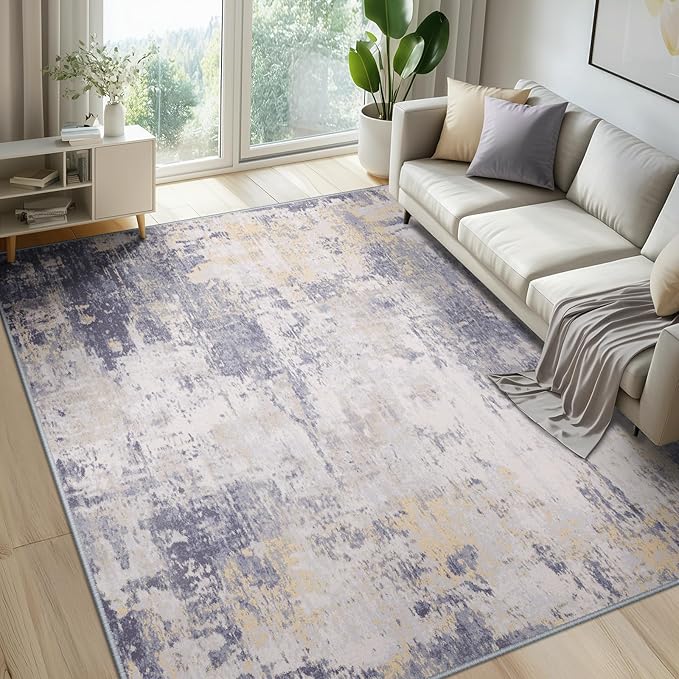 RELEANY Washable Area Rugs 6'x8' Non-Slip Modern Abstract Soft for Living Room Entryway Bedroom Nursery, Print Pattern, Purple Grey Cream Yellow