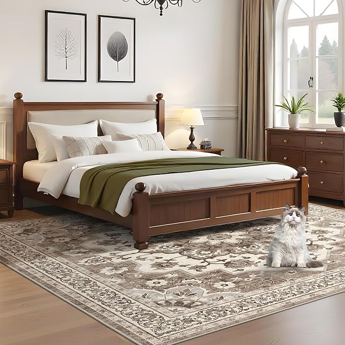 TOPRUUG Washable Oriental Area Rug - 10x10 Area Rugs for Living Room Bedroom Dining Room Under Kitchen Table - Non-Slip & Stain Resistance Rug for High Traffic Area (Beige, 10x10)