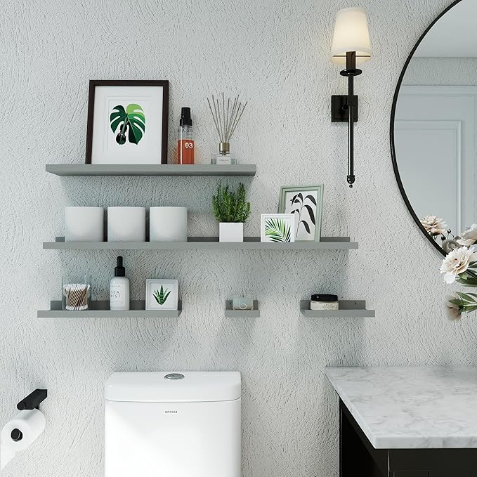 Small Floating Shelves for Wall Decor, Wall Mounted Wood Shelf for Bedroom, Living Room, Bathroom, Kitchen, Nursery, Mini Display Ledge Shelf with Lip Set of 2-4 Inches, Grey