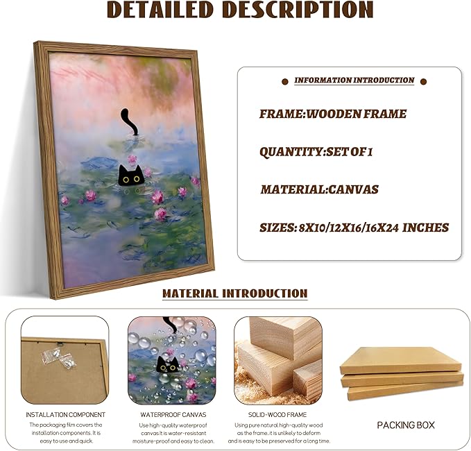 Vintage Framed Cat Canvas Wall Art Monet Print, Funny Black Cat in Water Lilies Poster, Monet Office Wall Decor, Floral Oil Painting Picture Artwork for Living Room Bathroom Aesthetic – 8x10 inch