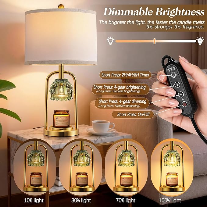 QiMH Candle Warmer Lamp with Timer Dimmer, Modern Table Lamp Wax Warmer for Scented Wax Jar, Glass Lamp Candle Warmer with 2 Bulbs, Women Gifts, House Warming Gifts, Home Decor, Brushed Gold Green
