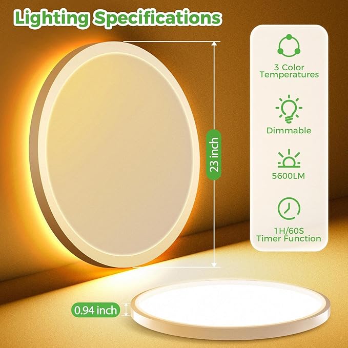 zemty 23 Inch LED Ceiling Light with Night Light 1800K, 50W 5000lm 3000K/4000K/6500K Dimmable Light Fixtures with Remote Control, Low Profile Ceiling Lamp for Bedroom LivingRoom Bathroom Kitchen-White