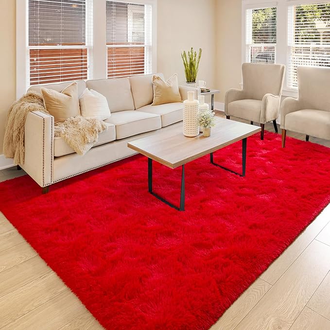 BENRON Fluffy Rugs for Living Room 6x9 Red, Washable Large Area Rugs for Bedroom Dining Table Office Kids Nursery Room, Washable Indoor Floor Carpets