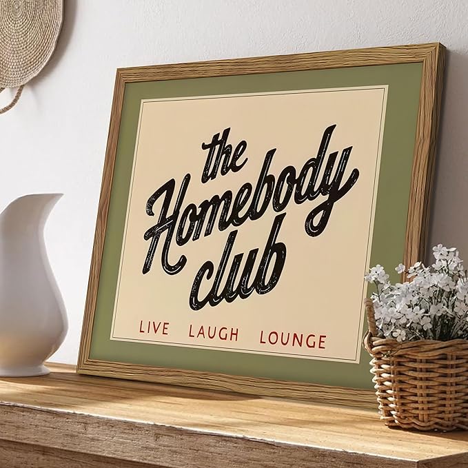 Vintage The Homebody Club Wall Art, Minimalist Live Sign Canvas Wall Decor Painting, Trendy Quote Artwork Poster Print Picture for Living Room Bedroom Homebody Gifts 16x24 Inch Framed