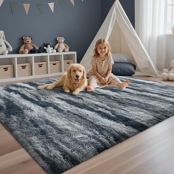 4x6 Ft Shag Plush Rugs for Bedroom,Ultra Soft Fluffy Furry Area Rugs Non-Slip Carpet for Living Room,Nursery,Kids Room,Dorm,Aesthetic Home Decor (Blue)