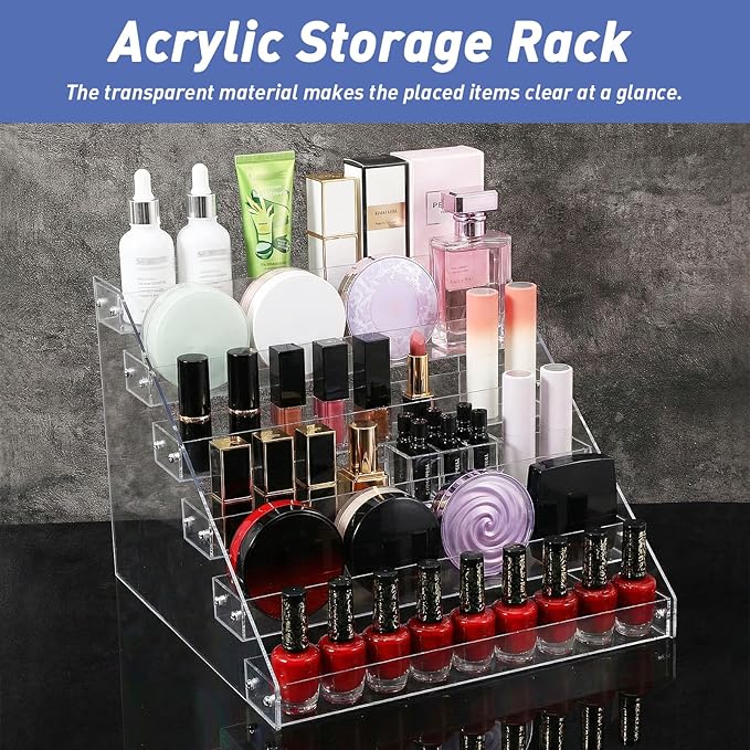 2-Pack 6-Tier Acrylic Display Shelf, Clear Nail Polish Paint Organizer - Wide Slot Multi-Layer Riser for Perfume, Makeup, Figures, Spices, Cards & Stickers