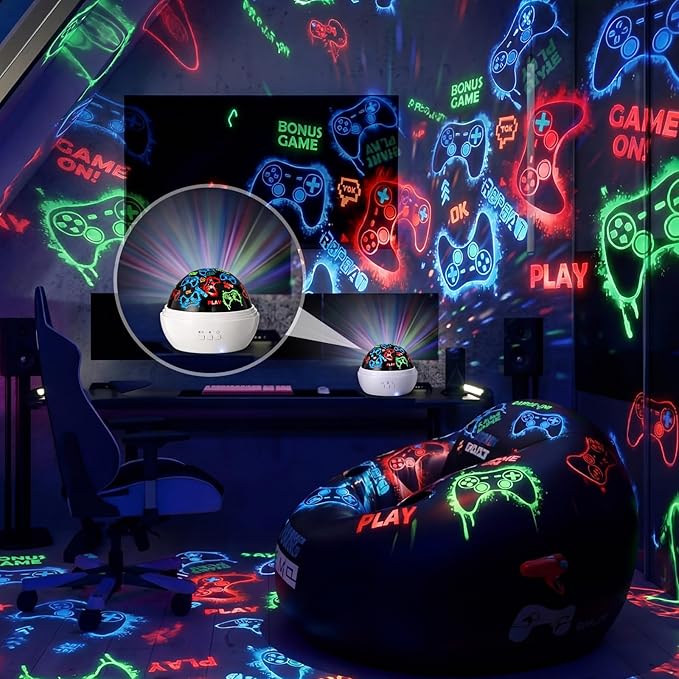 Lewtemi Gaming Room Decor Night Light for Boys 2 in 1 Game Controller Projector Lamp with 360° Rotating Ceiling Starry Sky Game Projection LED Nightlight for Kids Gaming Room, Two Ways to Charge