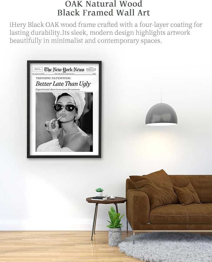 iHery Premium Natural Black OAK Wood 16x20in Audrey Hepburn Trendy Framed Wall Art, Vintage Funny Better Late Than Ugly Canvas Bathroom Wall Decor Essential,Girly Dorm Bedroom Living Room 1Pack