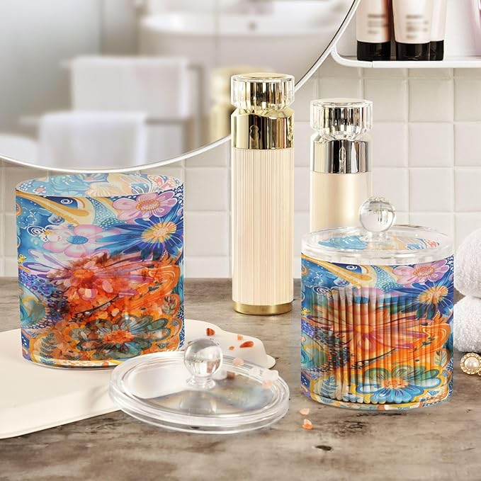 Boho Psychedelic Blue Bloom Clear Plastic Makeup Organizer Storage with lid Office Essentials Decorative Dental floss storage jar for Cotton Swabs,Cotton Pads,Floss Picks,Paper Clips,Hair