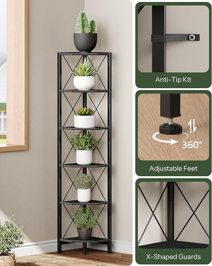 CHOEZON 6-Tier Corner Shelf, Corner Bookcase, 66.9" Tall Vertical Display Rack, Plant Stand, Open Storage Shelf, for Living Room, Bedroom, Study, Kitchen, Black TCJ13BB