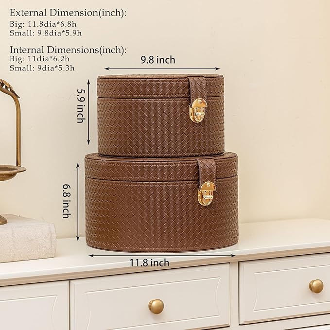 Large Leather Decorative Boxes Set of 2 Round Hat Box Bin Basket with Lid for Shelf Coffee Table Storage Remotes Modern Home Decor (brown)